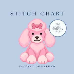 May include: A pixel art stitch chart featuring a light pink poodle with a dark pink bow on its head. The text reads STITCH CHART at the top and PDF CHART + STITCHLY FILE inside a circle, with INSTANT DOWNLOAD at the bottom on a light blue background.
