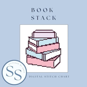May include: A digital stitch chart featuring a pixelated stack of books in pastel pink, blue, and lavender. The words "BOOK STACK" are at the top, with "DIGITAL STITCH CHART" at the bottom. A circular logo with "SS" is in the lower left.