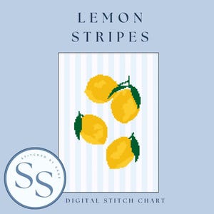 以下が含まれることがあります： 「Lemon Stripes」というタイトルのデジタルクロスステッチチャート。緑の葉が付いた4つの黄色のレモンがストライプの背景に描かれています。デザインは、テキスト「Digital Stitch Chart」が付いた水色の背景に設定されています。