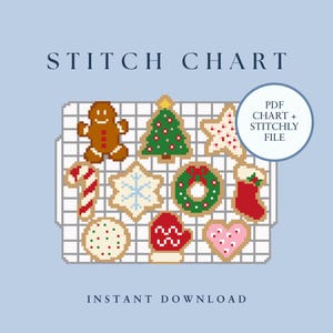 Könnte beinhalten: Ein Kreuzstichmuster mit Pixel-Art-Weihnachtsmotiven wie Lebkuchenmann, Baum, Stern, Zuckerstange, Schneeflocke, Kranz, Socke, Keks, Fäustling und Herz auf einem Raster. Der Text lautet STITCH CHART.