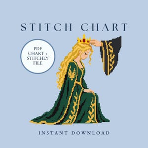 May include: A pixel art stitch chart featuring a kneeling figure with long blonde hair wearing a green gown and a gold crown. A hand reaches down to place the crown on the figure's head. Text reads STITCH CHART, PDF CHART + STITCHLY FILE, INSTANT DOWNLOAD.