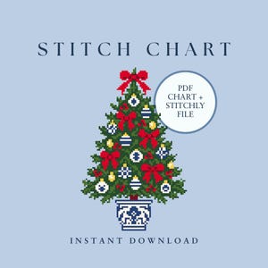 May include: A pixel art Christmas tree in a blue and white patterned pot, decorated with red bows and blue, white, and yellow ornaments. The text reads STITCH CHART, PDF CHART + STITCHLY FILE, and INSTANT DOWNLOAD on a light blue background.