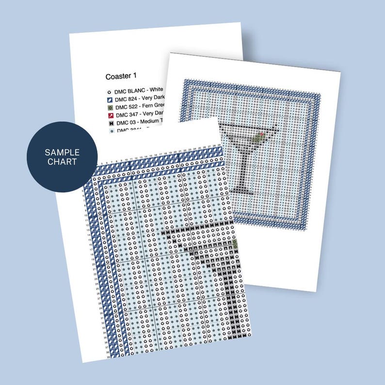May include: A cross-stitch pattern for a cocktail coaster, featuring a martini glass design. The image includes a sample chart and a list of DMC thread colors. The words "SAMPLE CHART" are visible.