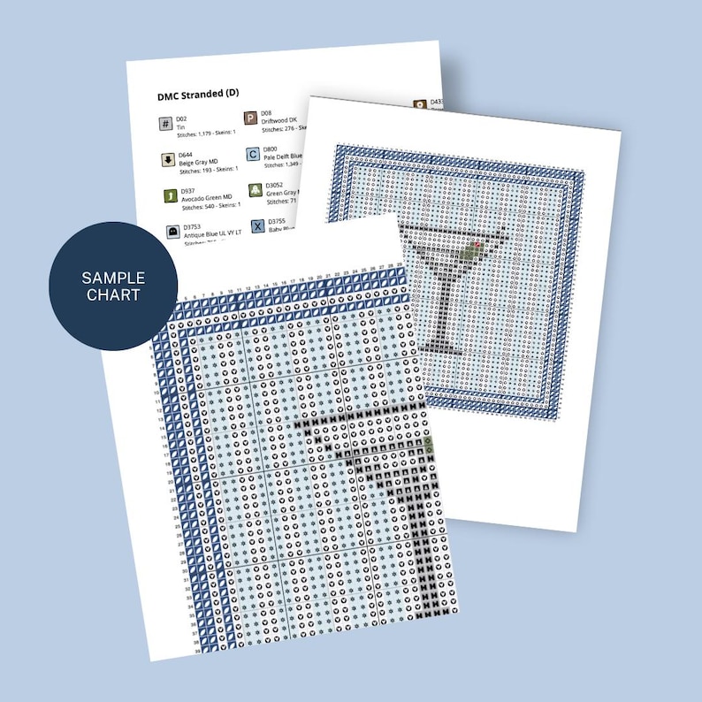 May include: A cross-stitch pattern document featuring a martini glass design on a grid, accompanied by a DMC thread color key. The pages display symbols, numbers, and a blue circular graphic with the white text SAMPLE CHART printed on the left.