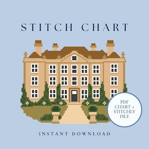 May include: A pixel art stitch chart featuring a tan manor house with brown roof details, dark green foliage, and a central doorway. The text reads STITCH CHART and INSTANT DOWNLOAD, with a circular badge stating PDF CHART + STITCHLY FILE.