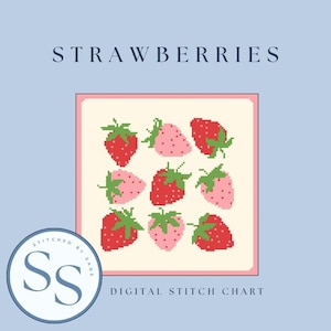 May include: A digital cross-stitch pattern showing nine strawberries in red and pink, with green leaves, on a cream background. The word "STRAWBERRIES" is at the top, and "DIGITAL STITCH CHART" is at the bottom.