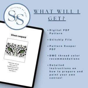 May include: A digital product listing for a Ghost Leopard cross-stitch pattern. The image displays a tablet showing the pattern preview, text details including a 5.5 x 3.3 inch finished size, and a list of included files like PDF and Stitchly.