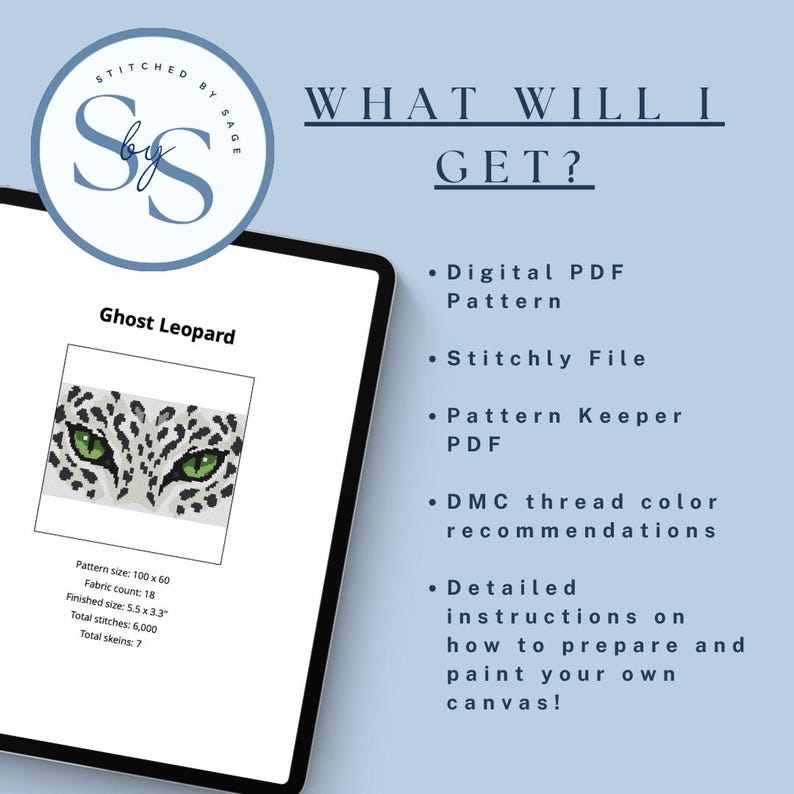 May include: A digital product listing for a Ghost Leopard cross-stitch pattern. The image displays a tablet showing the pattern preview, text details including a 5.5 x 3.3 inch finished size, and a list of included files like PDF and Stitchly.