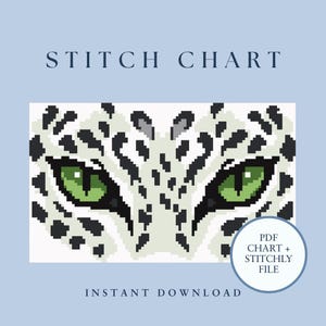 May include: A pixel art stitch chart featuring the intense green eyes and black spotted white fur pattern of a snow leopard. The design includes the text STITCH CHART at the top and a circular badge stating PDF CHART + STITCHLY FILE at the bottom.