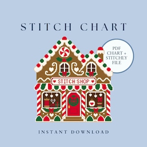 Peut inclure: Un modèle de point de croix représentant une maison en pain d'épices étiquetée STITCH SHOP avec des détails de glaçage rouge, vert et blanc. L'image inclut le texte STITCH CHART, PDF CHART + STITCHLY FILE et INSTANT DOWNLOAD sur fond bleu clair.