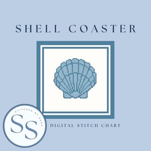 May include: A digital stitch chart with a light blue seashell design. The words "SHELL COASTER" are at the top, with "DIGITAL STITCH CHART" at the bottom. A circular logo with the letters "SS" is in the lower left corner.