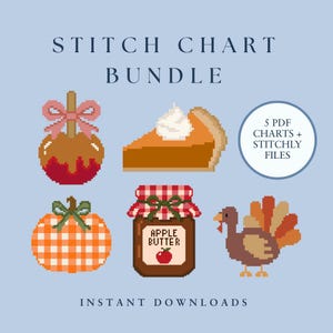 Könnte beinhalten: Ein digitales Stickmuster-Set mit Pixel-Art-Symbolen: Liebesapfel, Kürbiskuchenstück, karierter Kürbis, Apfelbutterglas und Truthahn. Der Text lautet STITCH CHART BUNDLE, 5 PDF CHARTS + STITCHLY FILES, INSTANT DOWNLOADS.