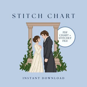 Op de afbeelding: Een pixel art borduurpatroon met een koppel onder een stenen boog met groene klimplanten. De tekst luidt STITCH CHART, PDF CHART + STITCHLY FILE en INSTANT DOWNLOAD. De figuren dragen een witte jurk en een donker pak tegen een lichtblauwe achtergrond.