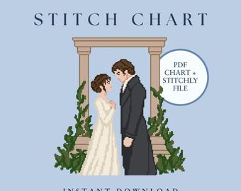 May include: A pixel art stitch chart featuring a couple standing under a stone archway with green vines. The text reads STITCH CHART, PDF CHART + STITCHLY FILE, and INSTANT DOWNLOAD. The figures wear a white dress and a dark suit against a light blue background.