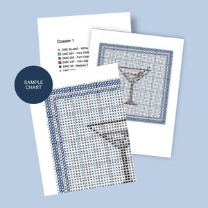 May include: A cross-stitch pattern for a cocktail coaster, featuring a martini glass design. The image includes a sample chart and a list of DMC thread colors. The text "Coaster 1" and "Sample Chart" are visible.