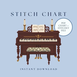 Peut inclure: Un diagramme de point de croix en pixel art représentant un piano droit marron avec un livre de musique ouvert, deux bougies allumées et un banc assorti. Le texte indique STITCH CHART, PDF CHART + STITCHLY FILE et INSTANT DOWNLOAD.