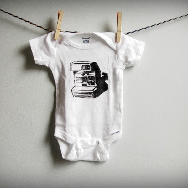 RESERVED for DC3 - hand-printed linocut polaroid baby onesie