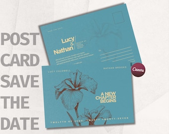 Retro Film Save the Date Postcard Template Canva, Printable Movie Lover Wedding Card, Vintage Iris Floral