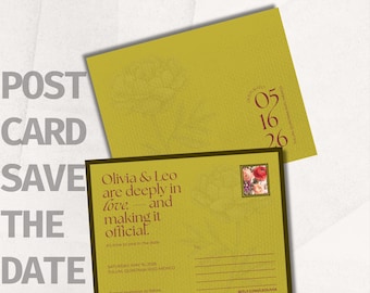 May include: A mustard yellow save the date postcard featuring a floral line drawing, dark brown text reading Olivia & Leo are deeply in love and making it official, the date 05 16 26, a floral stamp graphic, and lines for a mailing address.