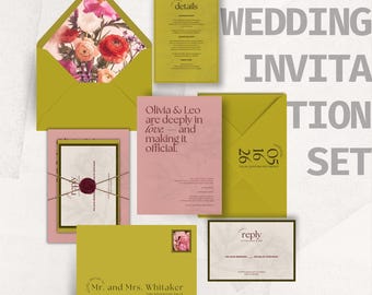 Olive Green & Dusty Rose Floral Wedding Invitation Suite (Digital Download)