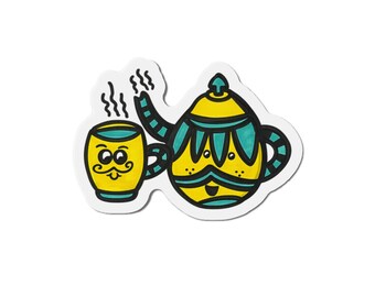 Whimsical Teapot Tea Cup Magnet | Hand-Drawn Cozy Kitchen Decor Fridge Magnet