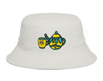 Hand-Drawn Teapot Cup Bucket Hat | Yellow Teal Whimsical Cotton Cottagecore Headwear