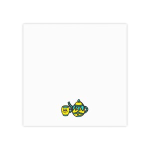 May include: A yellow teapot and a matching yellow mug with teal accents and black outlines. Both items feature a cartoon face with a mustache, wide eyes, and a smiling mouth. The teapot has a spout and handle, while the mug is cylindrical.
