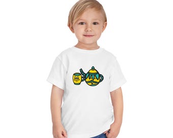 Toddler Tee | Hand-Drawn Yellow Teal Mustache Teapot Cup Illustration