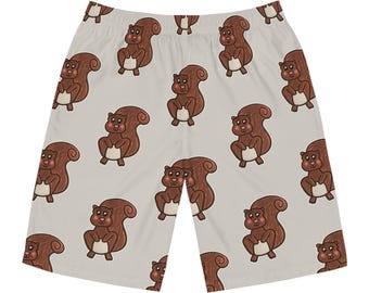 Hand-Drawn Squirrel Print Board Shorts | Lightweight Polyester, Quick-Dry, Side Pockets