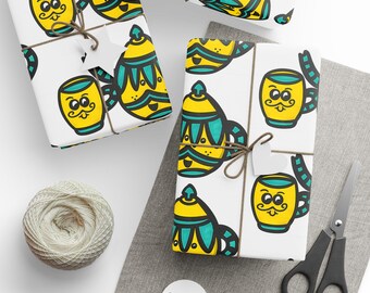 Teapot and Mustache Pattern Wrapping Paper | Teal Yellow Gift Wrap