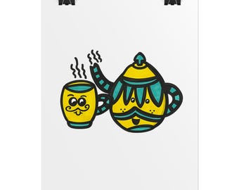 May include: A whimsical illustration of a yellow teacup and teapot with teal accents and cartoon faces. The teacup has a mustache and steam rising from it. The teapot has a matching design and steam coming from the spout.