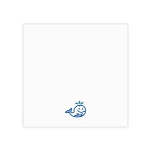 May include: A square white card featuring a small, centered graphic of a smiling whale outlined in blue. The whale has a teal water spout emerging from its head and a patterned tail, presented as a simple line drawing on a plain white background.