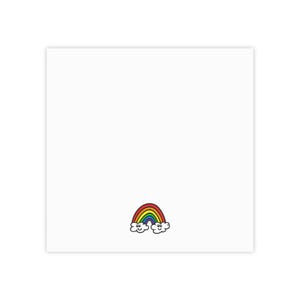 May include: A square white surface featuring a small, centered graphic of a colorful rainbow with a red, orange, yellow, green, blue, and purple arch. The rainbow is flanked by two white, smiling clouds with black outlines and simple facial features.