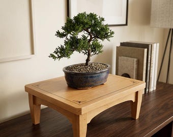 Cherry Wood Bonsai Display Stand — Cloud Lift Apron, Routed Border, Personalization Available