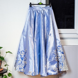 Elegant metallic sky blue maxi skirt with woven blue flowers - vintage glamour style