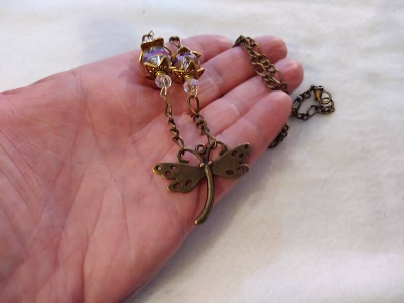 Gothic Victorian Dragonfly Necklace /& Purple Glass Beads Antiqued Dragonfly Jewelry Dragonfly Amulet Purple Dragonfly Necklace Talisman