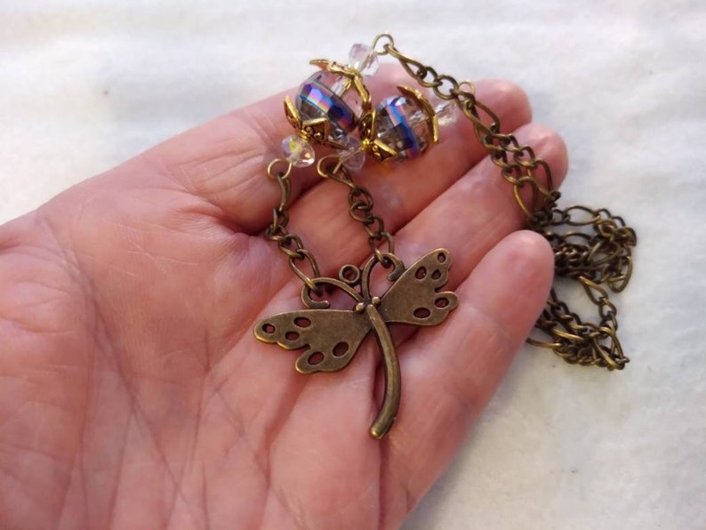 Gothic Victorian Dragonfly Necklace /& Purple Glass Beads Antiqued Dragonfly Jewelry Dragonfly Amulet Purple Dragonfly Necklace Talisman