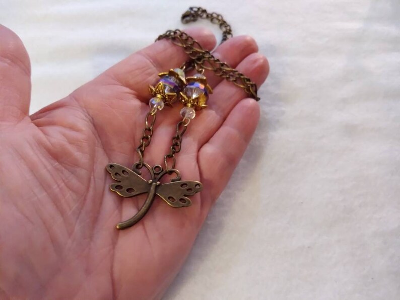 Gothic Victorian Dragonfly Necklace /& Purple Glass Beads Antiqued Dragonfly Jewelry Dragonfly Amulet Purple Dragonfly Necklace Talisman