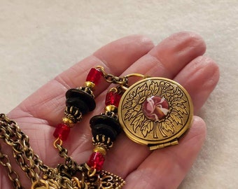 Photo Locket Necklace, Picture Locket, Mothers Locket, Victorian Locket, Antiqued Brass Locket, Picture Locket & Red Copper Enamel Stone