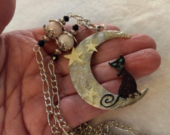 Cat and Moon Necklace, Artisan Moon Pendant, Black Cat Necklace, Crescent Moon & Cat Pendant, Crescent Moon, Stars, Moon, Cat Jewelry, Gift