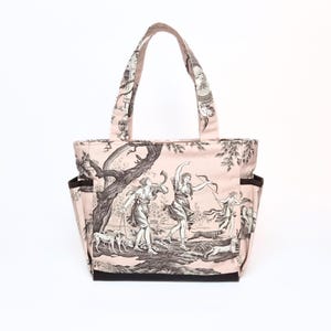 Sac cabas fait main style romantique vintage en toile de Jouy rose poudré et similicuir marron