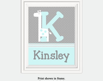 Giraffe in Aqua and Gray Initial/Name Nursery Art Print or Canvas Wrap So Cute! Personalized with any Name & Letter!