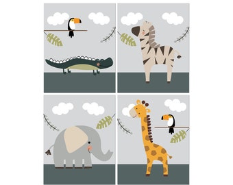 Set of 4 Jungle Animals Safari Elephant, Alligator, Giraffe, Zebra Nursery Wall Art Prints or Gallery Wrapped Canvas