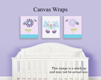 Set of 3  Unframed "Butterfly and Flower Meadow" Nursery Wall Art Prints or Canvas Wraps Baby Girl Children Kids Decor