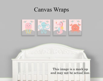 Set of 4 "Girly Sea Life Ocean Pink, Octopus, Fish, Seahorse" Nursery Wall Art Prints or Canvas Wraps Baby Room Art