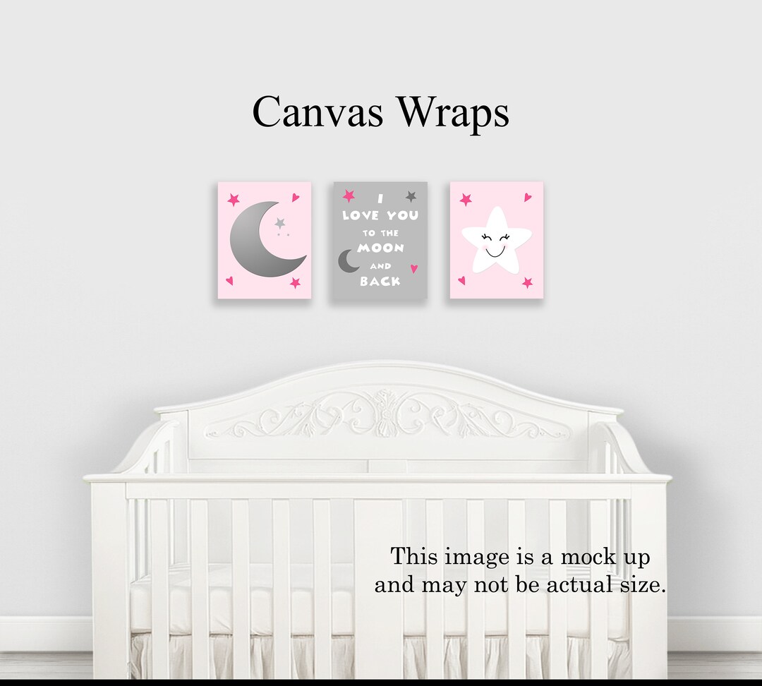 Set of 3 Unframed Pink and Gray Moon and Stars Nursery Wall Art Prints