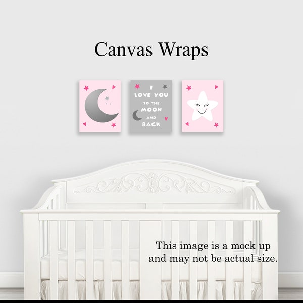 Set of 3  Unframed " Pink and Gray Moon and Stars" Nursery Wall Art Prints or Canvas Wraps Baby Girl Children Kids Decor