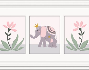 Set of 3  Unframed "Mama and Baby Elephant with Tropical Flowers" Nursery Wall Art Prints or Canvas Wraps Baby Children Kids Room Decor