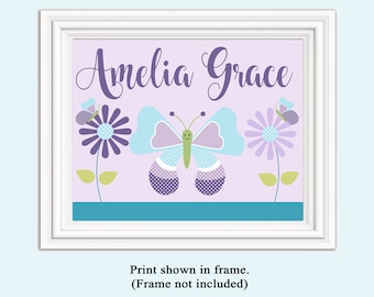 Personalized "Lavender Butterfly and Flower Meadow"  Unframed Nursery Art Print or Canvas Wrap Door Sign  Nursery Decor