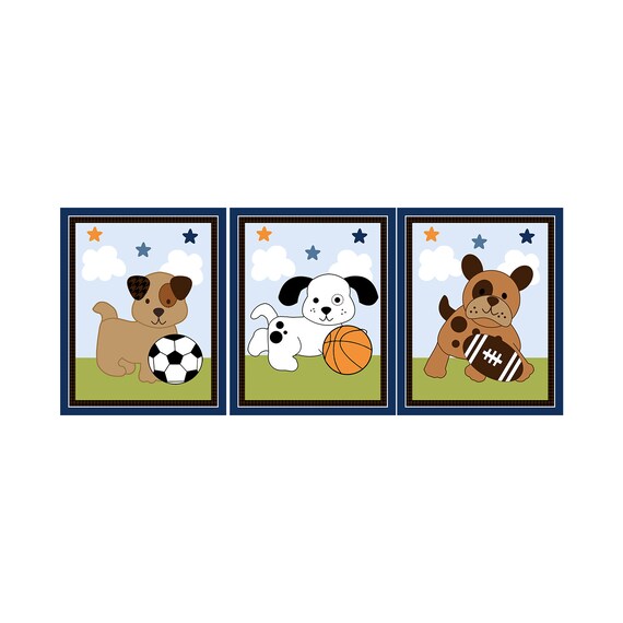 Set Of 3 Unframed Bow Wow Puppy Sports Buddies Dogs Nursery Etsy